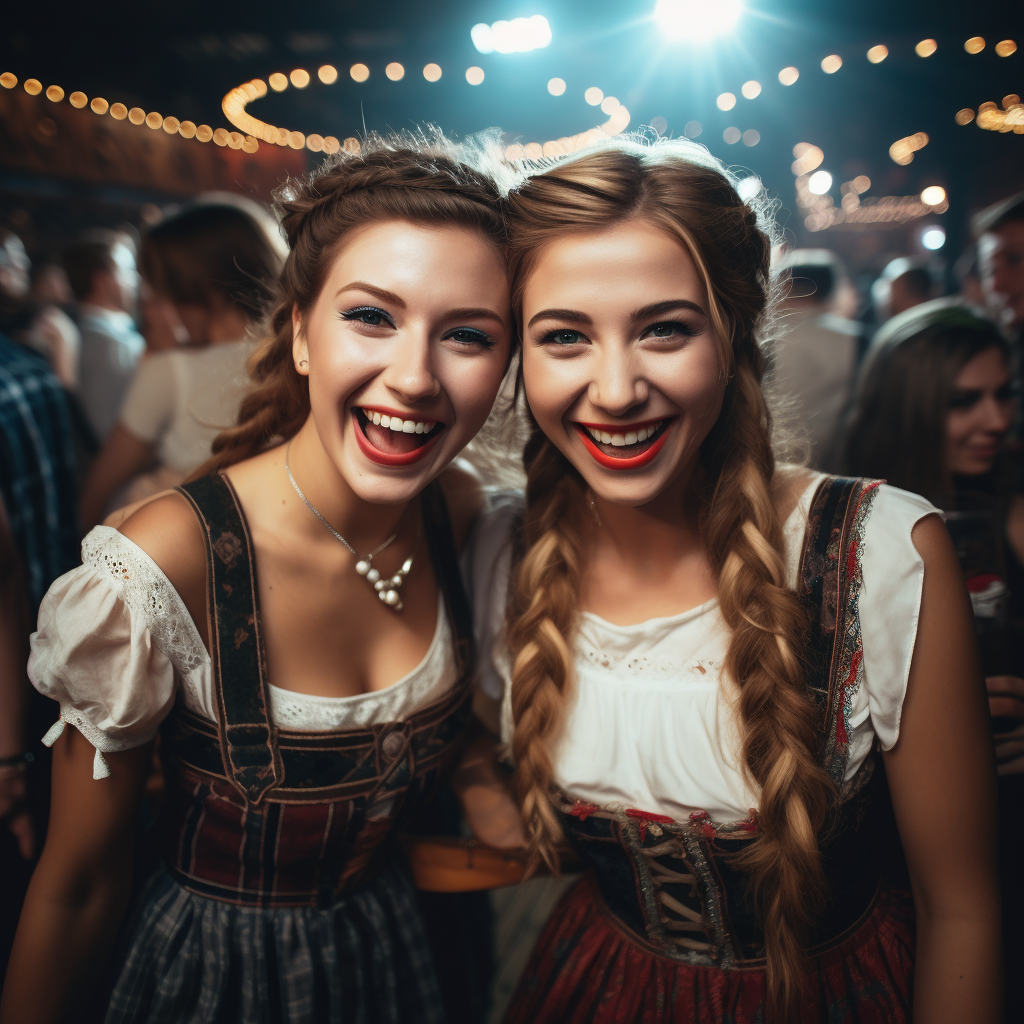 Zwei Frauen im Dirndl stehen in einem Club und lachen in die Kamera